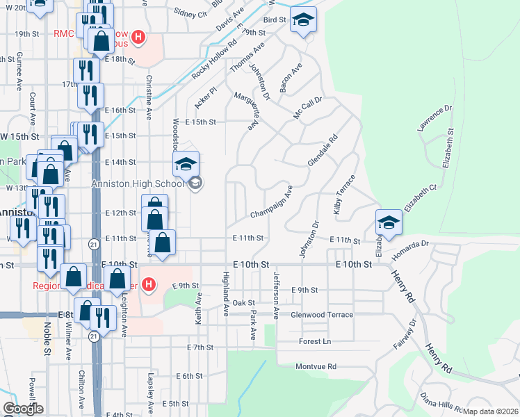 map of restaurants, bars, coffee shops, grocery stores, and more near 825 Champaign Avenue in Anniston