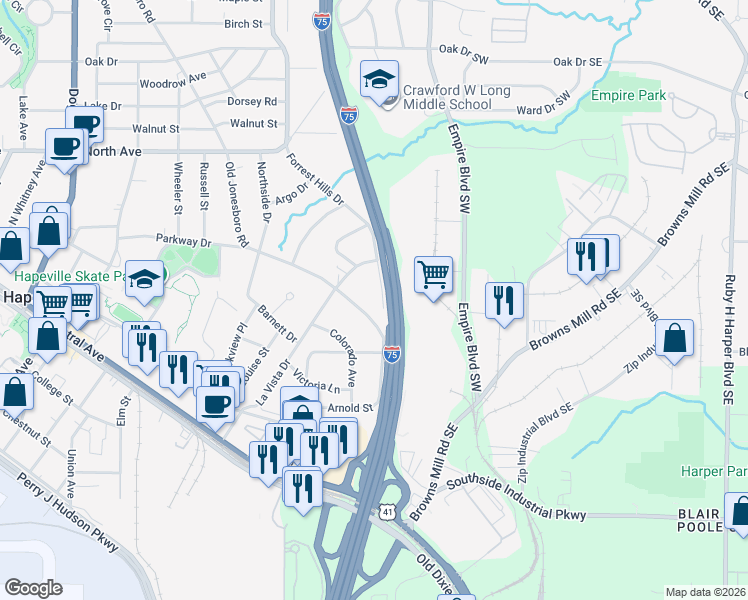 map of restaurants, bars, coffee shops, grocery stores, and more near 3436 Old Jonesboro Road in Hapeville