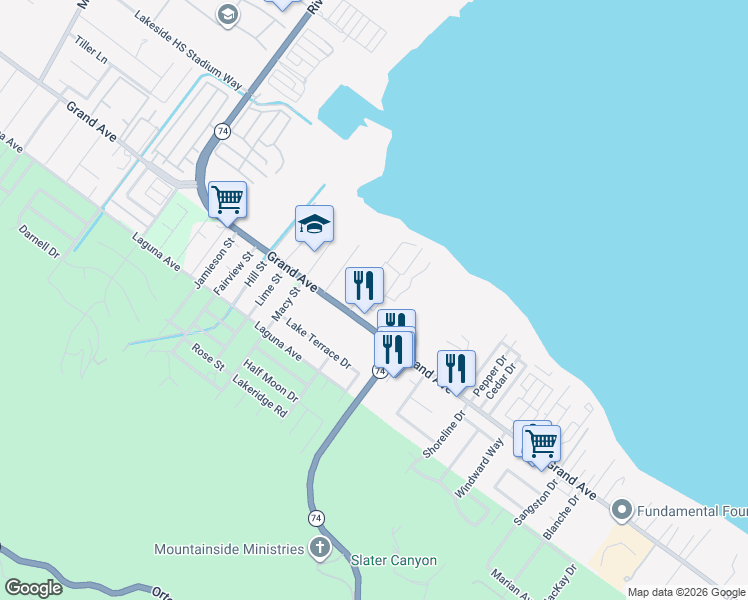 map of restaurants, bars, coffee shops, grocery stores, and more near 32965 Kevin Place in Lake Elsinore