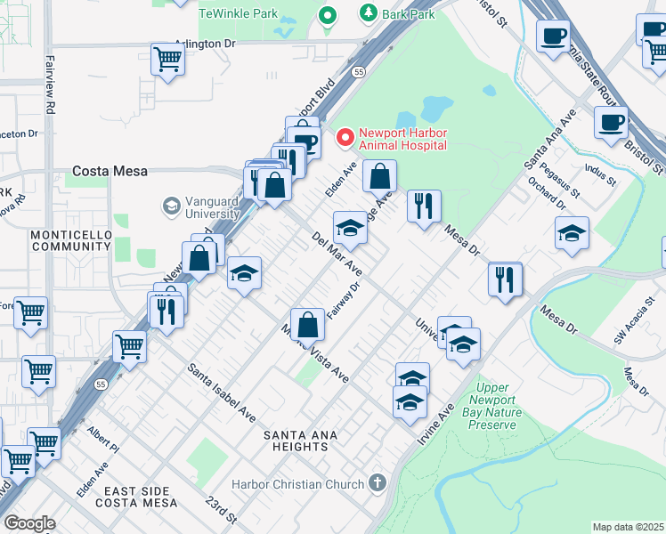 map of restaurants, bars, coffee shops, grocery stores, and more near 2590 Orange Avenue in Costa Mesa