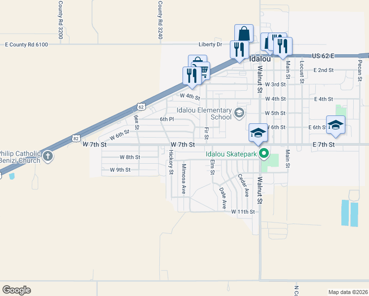 map of restaurants, bars, coffee shops, grocery stores, and more near 706 West 7th Street in Idalou