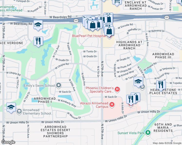 map of restaurants, bars, coffee shops, grocery stores, and more near 6719 West Utopia Road in Glendale