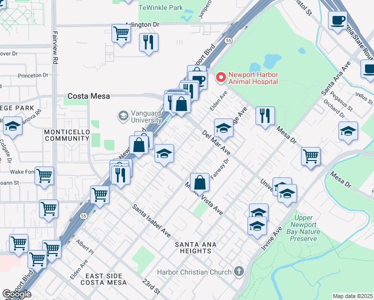 map of restaurants, bars, coffee shops, grocery stores, and more near 2540 Elden Avenue in Costa Mesa