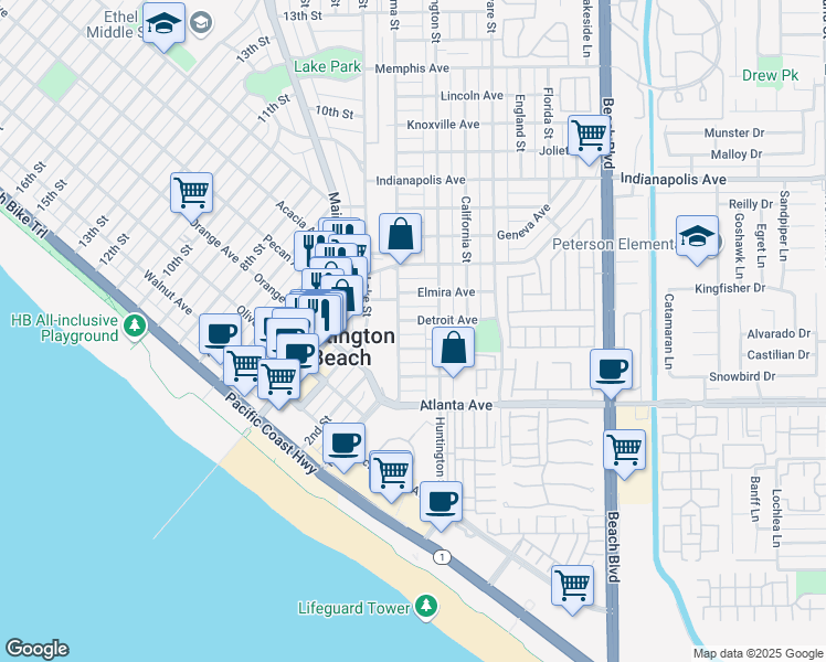 map of restaurants, bars, coffee shops, grocery stores, and more near 214 Detroit Avenue in Huntington Beach