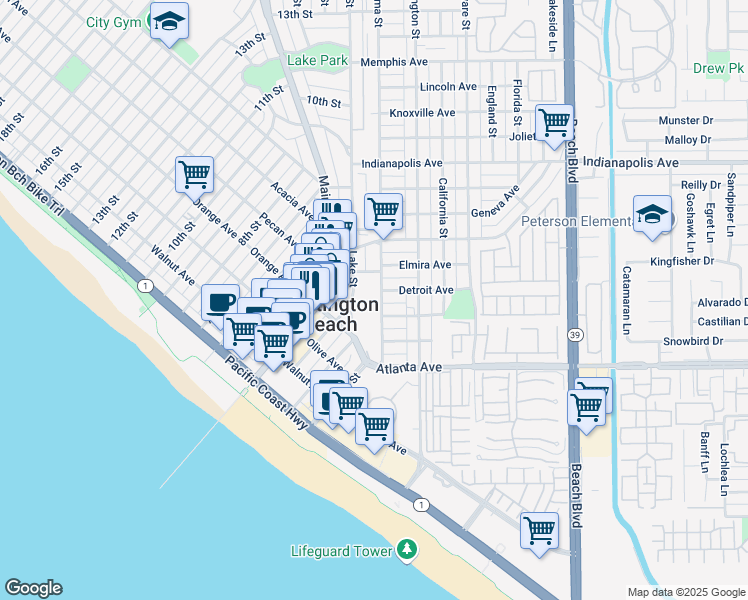 map of restaurants, bars, coffee shops, grocery stores, and more near 410 Lake Street in Huntington Beach
