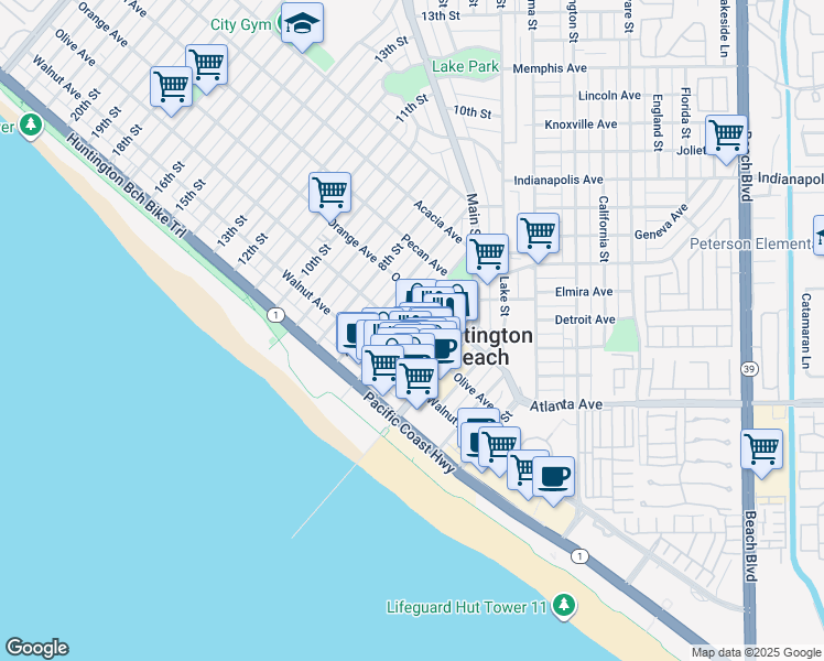 map of restaurants, bars, coffee shops, grocery stores, and more near 225 6th Street in Huntington Beach
