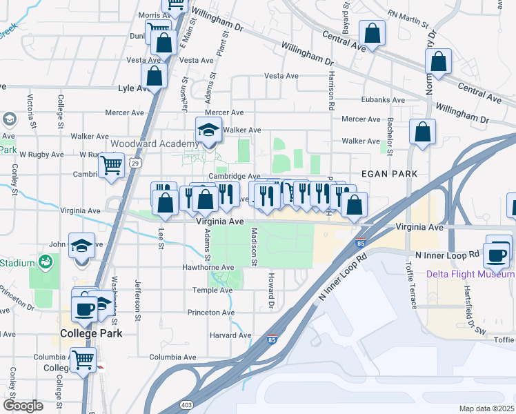 map of restaurants, bars, coffee shops, grocery stores, and more near 1548 Hardin Avenue in College Park