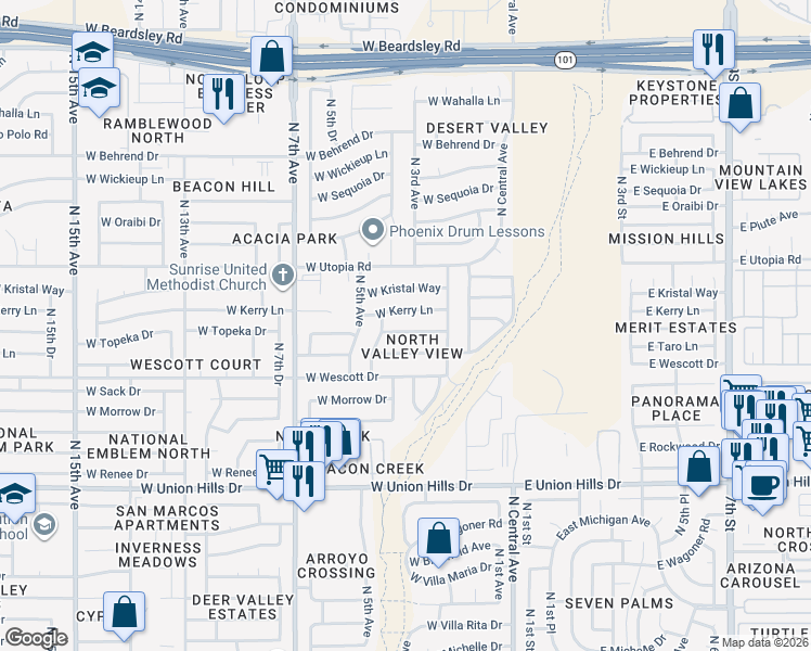 map of restaurants, bars, coffee shops, grocery stores, and more near 314 West Topeka Drive in Phoenix