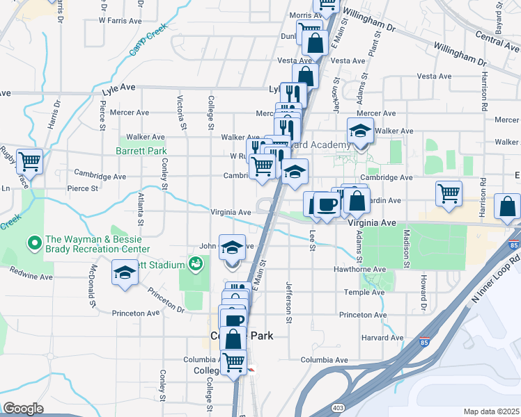 map of restaurants, bars, coffee shops, grocery stores, and more near 1811 Virginia Avenue in Atlanta