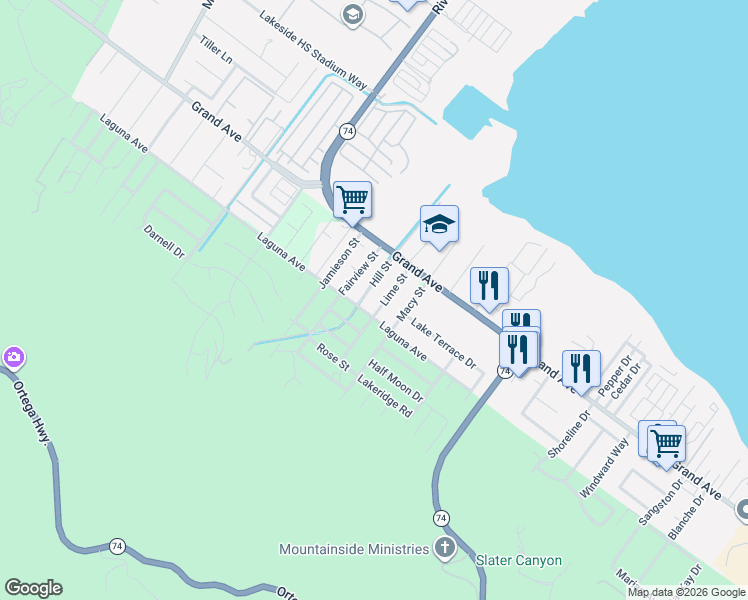 map of restaurants, bars, coffee shops, grocery stores, and more near 33145 Hill Street in Lake Elsinore