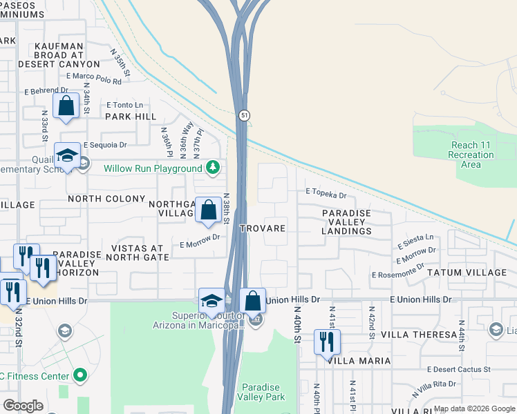 map of restaurants, bars, coffee shops, grocery stores, and more near 3901 East Taro Lane in Phoenix