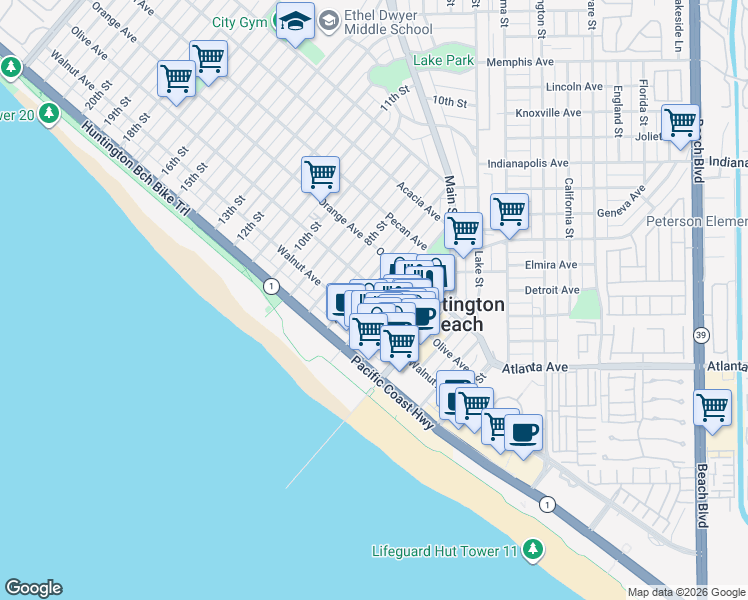 map of restaurants, bars, coffee shops, grocery stores, and more near 219 6th Street in Huntington Beach