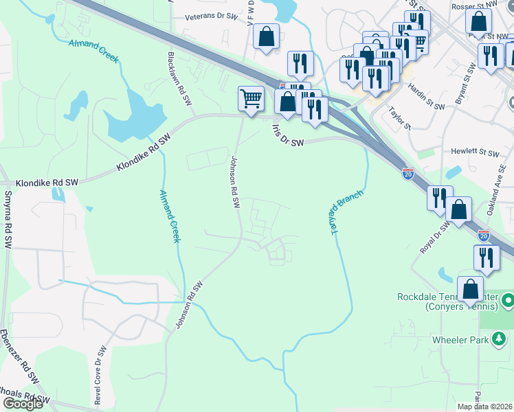 map of restaurants, bars, coffee shops, grocery stores, and more near 1180-1182 Johnson Road Southwest in Conyers