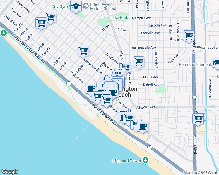 map of restaurants, bars, coffee shops, grocery stores, and more near 313 1/2 5th Street in Huntington Beach