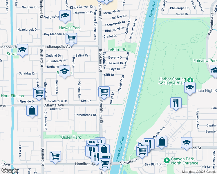 map of restaurants, bars, coffee shops, grocery stores, and more near 10062 Signet Circle in Huntington Beach