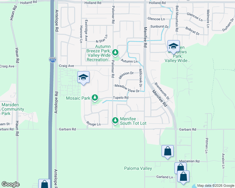 map of restaurants, bars, coffee shops, grocery stores, and more near 31731 Tupelo Court in Menifee