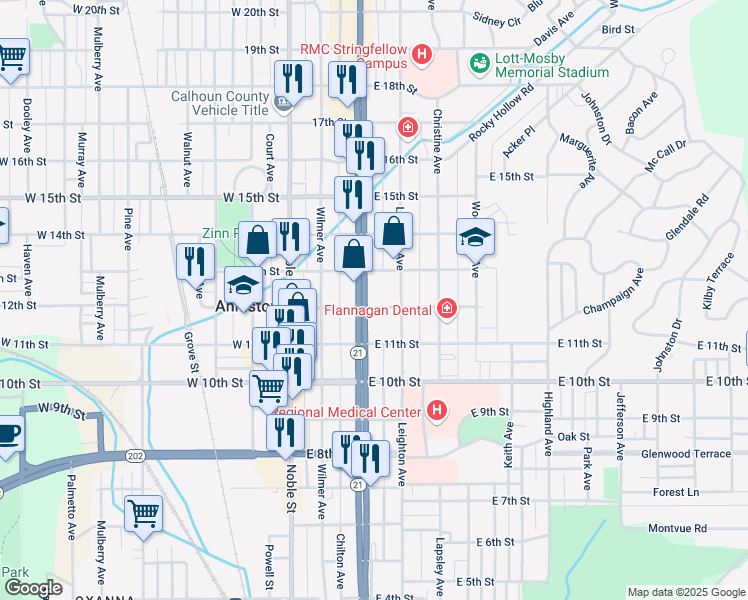map of restaurants, bars, coffee shops, grocery stores, and more near 1205 Quintard Avenue in Anniston
