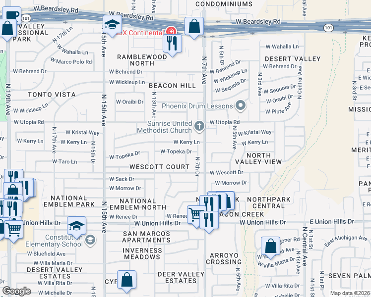 map of restaurants, bars, coffee shops, grocery stores, and more near 802 West Topeka Drive in Phoenix