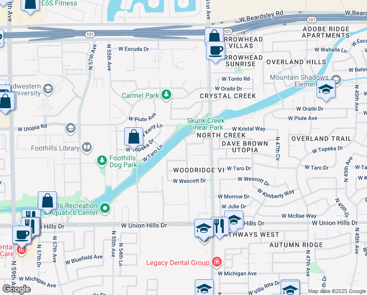 map of restaurants, bars, coffee shops, grocery stores, and more near 19238 North 52nd Avenue in Glendale