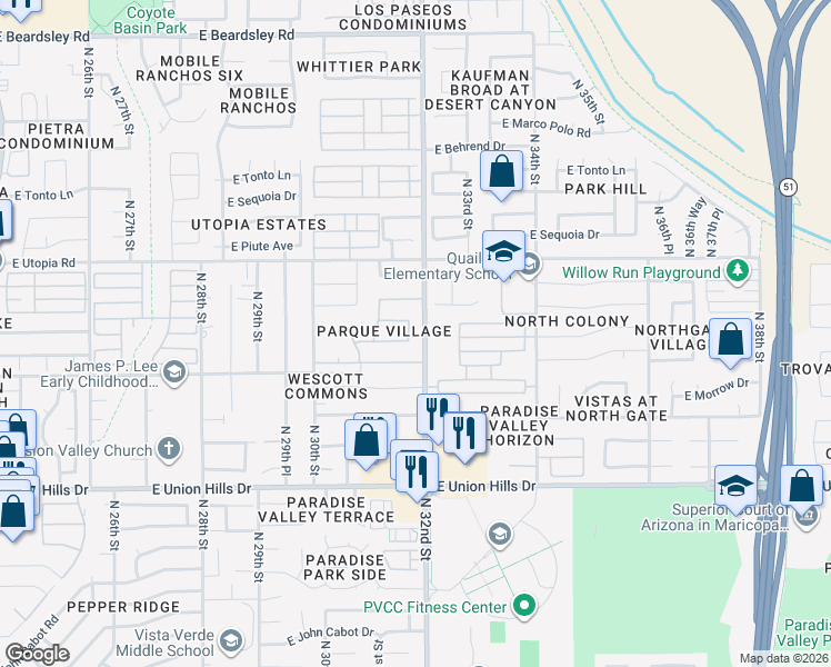 map of restaurants, bars, coffee shops, grocery stores, and more near 19033 North 31st Place in Phoenix