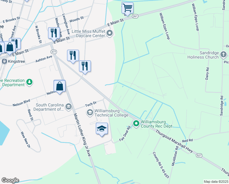 map of restaurants, bars, coffee shops, grocery stores, and more near 116 Memorial Drive in Kingstree