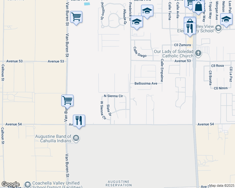 map of restaurants, bars, coffee shops, grocery stores, and more near 84410 North Sienna Circle in Coachella
