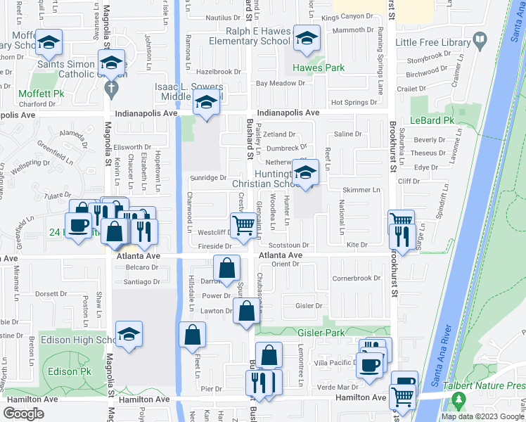 map of restaurants, bars, coffee shops, grocery stores, and more near 20832 Glencairn Lane in Huntington Beach