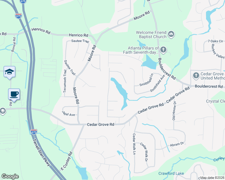 map of restaurants, bars, coffee shops, grocery stores, and more near 4151 James Lake Drive in Conley