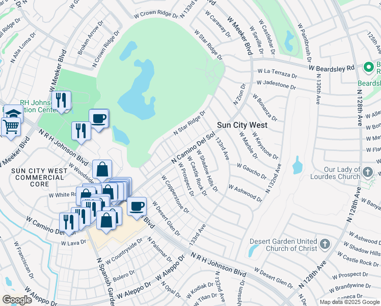 map of restaurants, bars, coffee shops, grocery stores, and more near 13450 West Castle Rock Drive in Sun City West