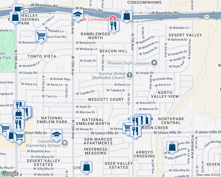 map of restaurants, bars, coffee shops, grocery stores, and more near 1006 West Topeka Drive in Phoenix