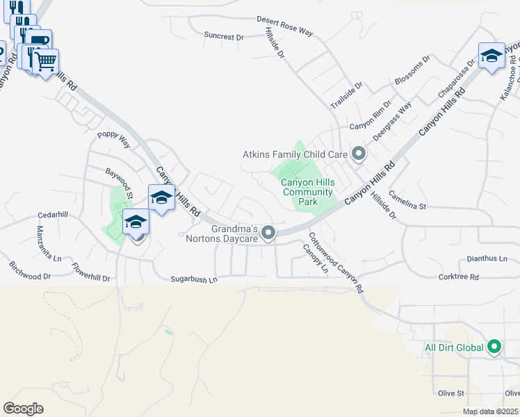 map of restaurants, bars, coffee shops, grocery stores, and more near 34019 Winterberry Lane in Lake Elsinore