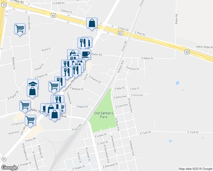 map of restaurants, bars, coffee shops, grocery stores, and more near in Sherman