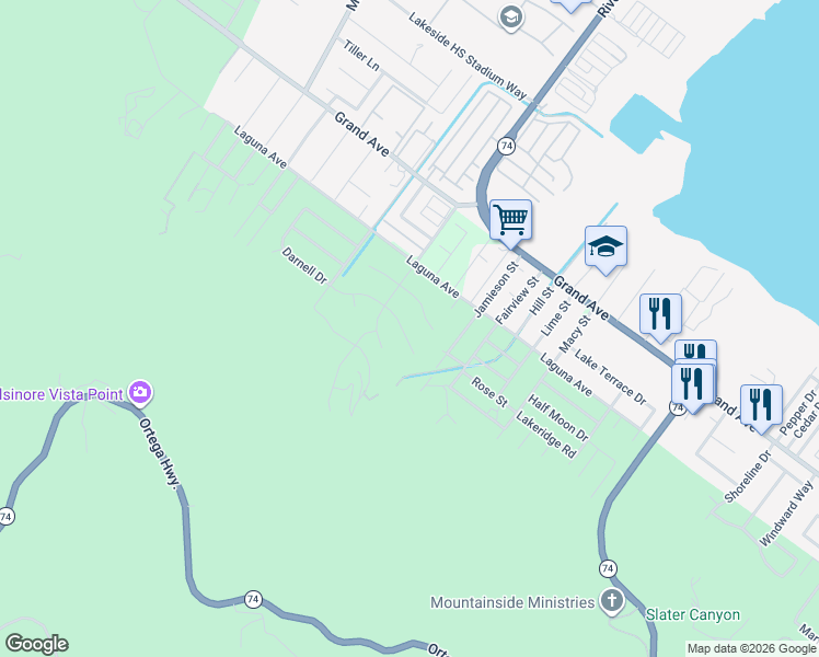 map of restaurants, bars, coffee shops, grocery stores, and more near 15355 Laguna Avenue in Lake Elsinore