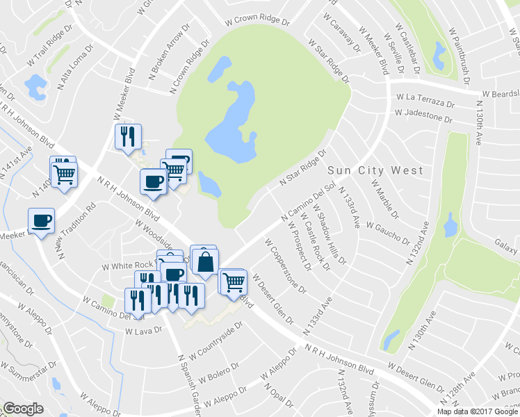 map of restaurants, bars, coffee shops, grocery stores, and more near 19229 N Star Ridge Dr in Sun City West