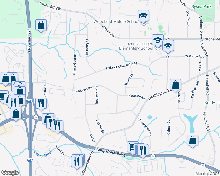 map of restaurants, bars, coffee shops, grocery stores, and more near 2979 Redwine Road in East Point