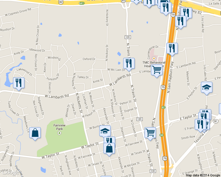 map of restaurants, bars, coffee shops, grocery stores, and more near 2504 North Hickory Street in Sherman