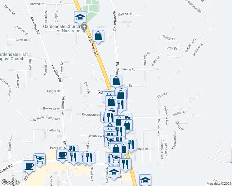 map of restaurants, bars, coffee shops, grocery stores, and more near 1413 Thompson Circle in Gardendale