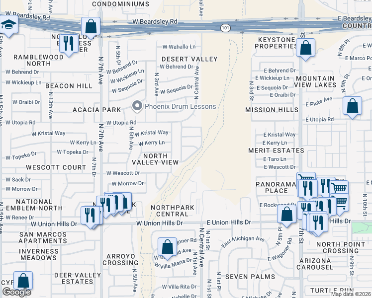 map of restaurants, bars, coffee shops, grocery stores, and more near 109 West Topeka Drive in Phoenix