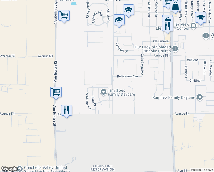 map of restaurants, bars, coffee shops, grocery stores, and more near 84460 North Sienna Circle in Coachella