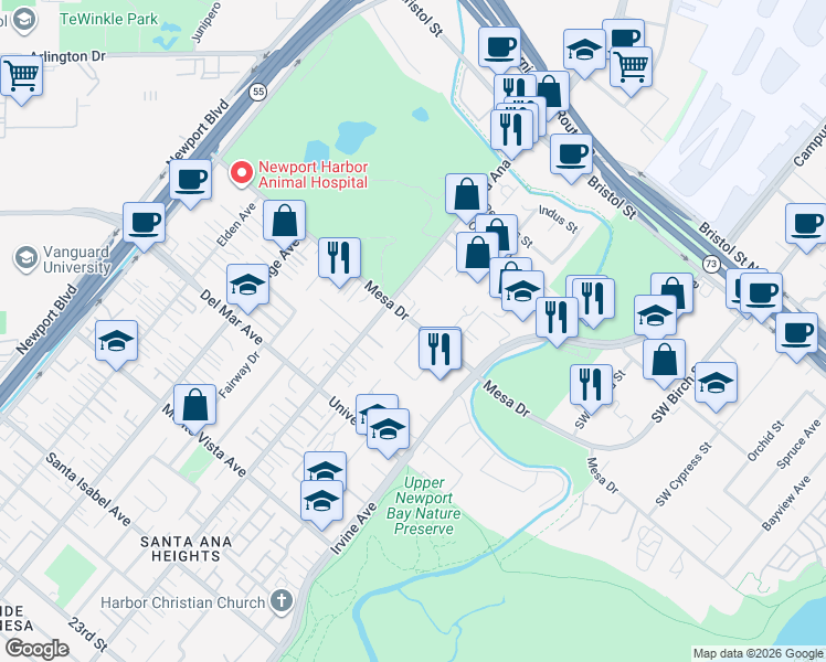 map of restaurants, bars, coffee shops, grocery stores, and more near 333 Mesa Drive in Costa Mesa