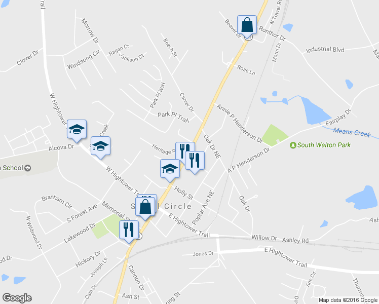 map of restaurants, bars, coffee shops, grocery stores, and more near 378 North Cherokee Road in Social Circle