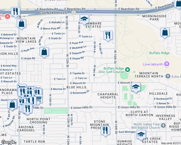 map of restaurants, bars, coffee shops, grocery stores, and more near 19043 North 13th Place in Phoenix