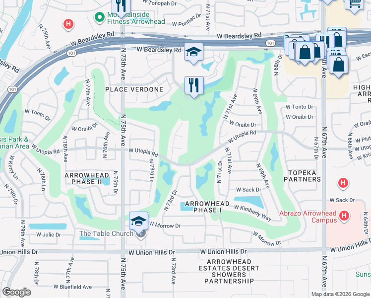 map of restaurants, bars, coffee shops, grocery stores, and more near 7268 West Piute Avenue in Glendale