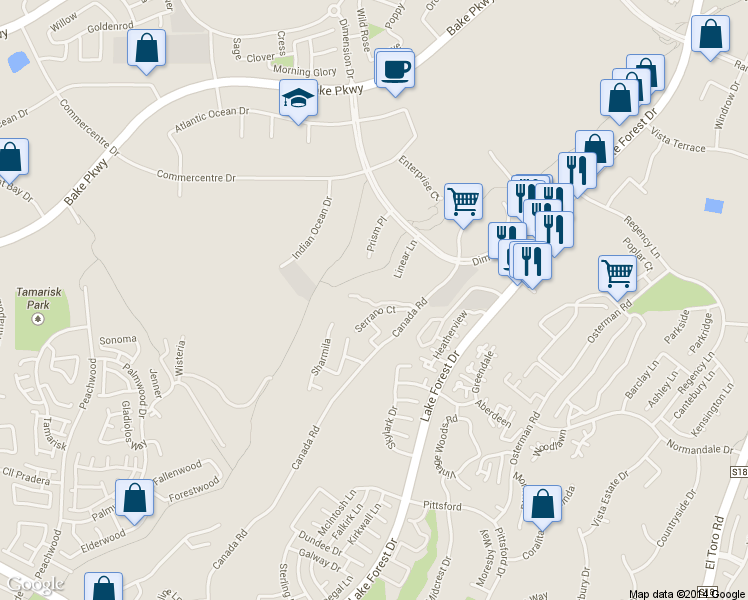 map of restaurants, bars, coffee shops, grocery stores, and more near 20845 Canada Road in Lake Forest