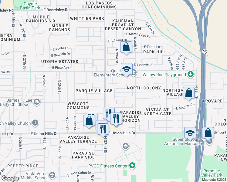 map of restaurants, bars, coffee shops, grocery stores, and more near 19030 North 32nd Way in Phoenix