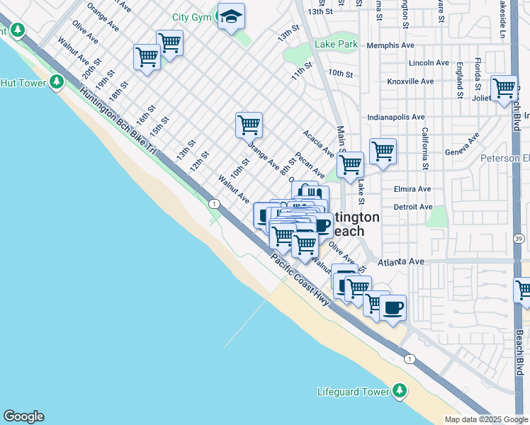 map of restaurants, bars, coffee shops, grocery stores, and more near 201 7th Street in Huntington Beach