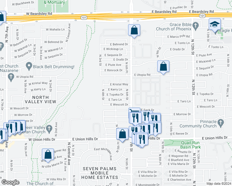 map of restaurants, bars, coffee shops, grocery stores, and more near 448 East Topeka Drive in Phoenix