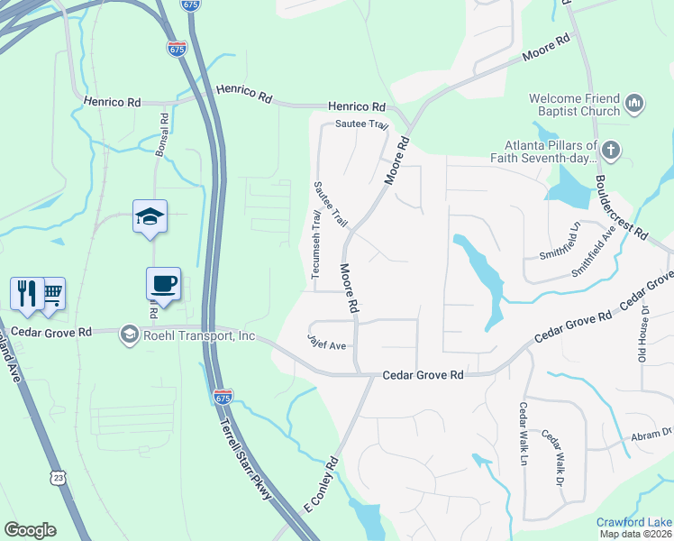 map of restaurants, bars, coffee shops, grocery stores, and more near 4112 Tecumseh Trail in Conley