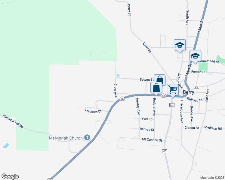 map of restaurants, bars, coffee shops, grocery stores, and more near Crow Avenue in Berry