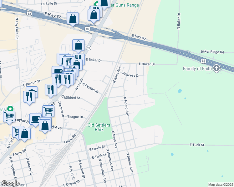 map of restaurants, bars, coffee shops, grocery stores, and more near 1823 E May St in Sherman